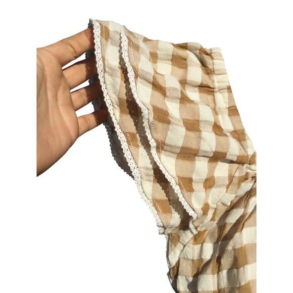 Matilda Jane Womens Peasant Top Size XS Plaid Tan Gingham Fall Preppy Blouse - Picture 6 of 13